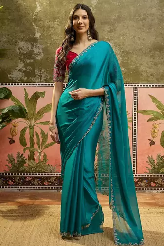 Rama chiffon embeoidered saree with unstitched blouse piece