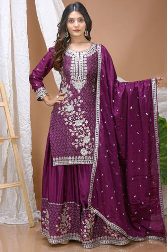 Violet chinon silk sequence embroidered sharara suit