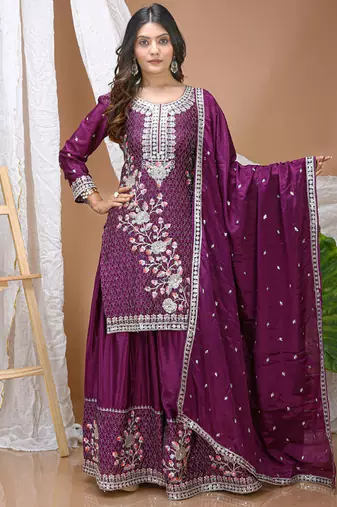 Violet chinon silk sequence embroidered sharara suit