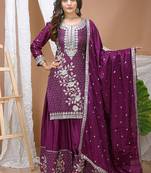 Violet chinon silk sequence embroidered sharara suit