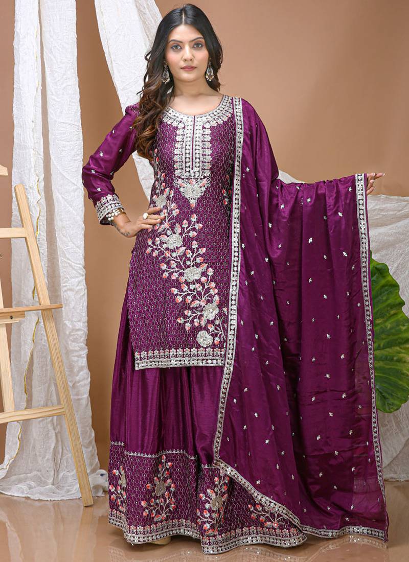 Violet chinon silk sequence embroidered sharara suit