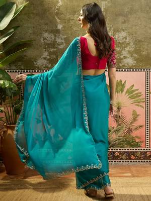 Rama chiffon embeoidered saree with unstitched blouse piece 3