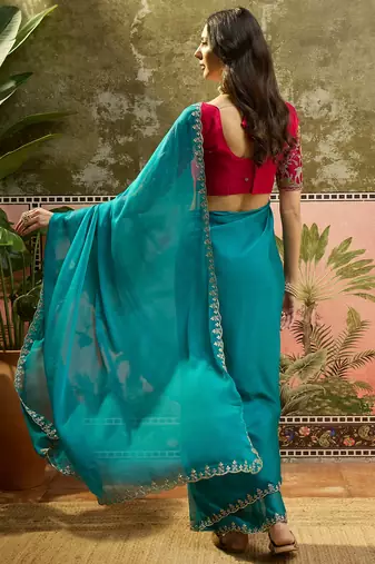 Rama chiffon embeoidered saree with unstitched blouse piece