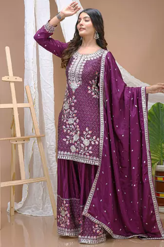 Violet chinon silk sequin embroidered sharara suit