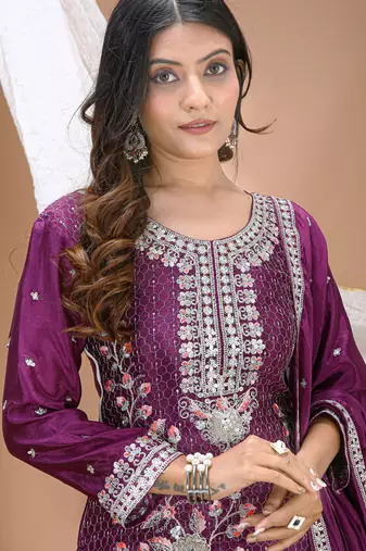 Violet chinon silk sequin embroidered sharara suit