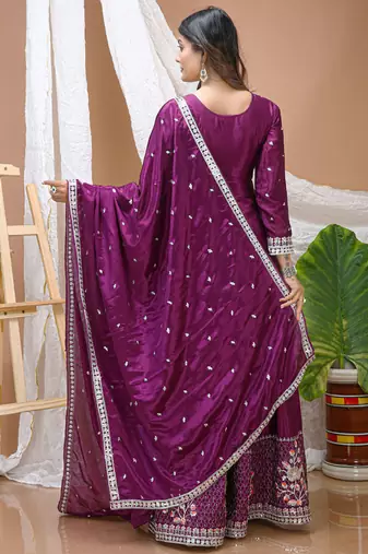 Violet chinon silk sequin embroidered sharara suit