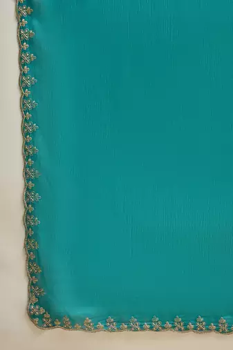 Rama chiffon embeoidered saree with unstitched blouse piece