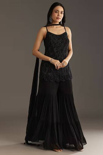 Black Georgette Beads Embroidery Sequence Work Kurta Sharara Dupatta Set