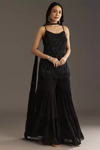 Black Georgette Beads Embroidery Sequence Work Kurta Sharara Dupatta Set