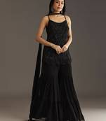 Black Georgette Beads Embroidery Sequence Work Kurta Sharara Dupatta Set