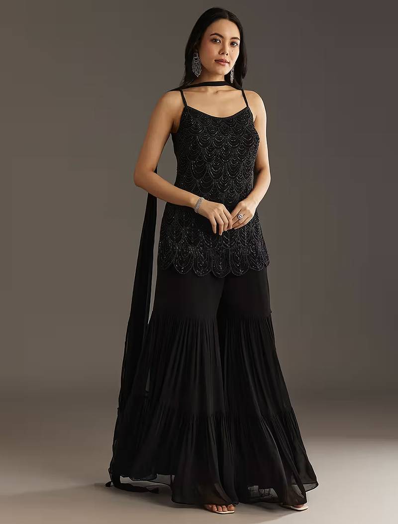 Black Georgette Beads Embroidery Sequence Work Kurta Sharara Dupatta Set