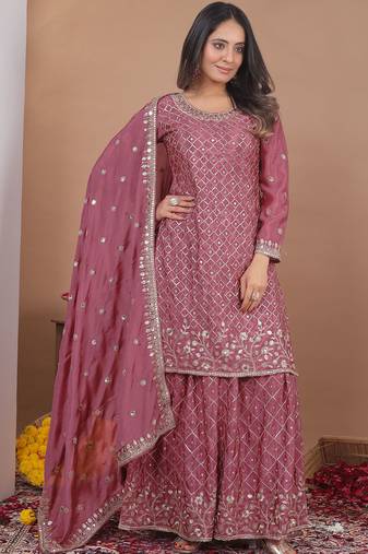 Onion pink chinon silk sequence embroidered sharara suit