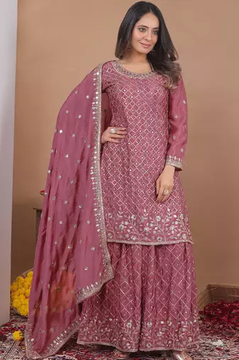 Onion pink chinon silk sequence embroidered sharara suit