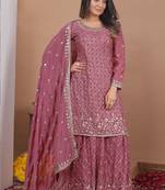 Onion pink chinon silk sequence embroidered sharara suit