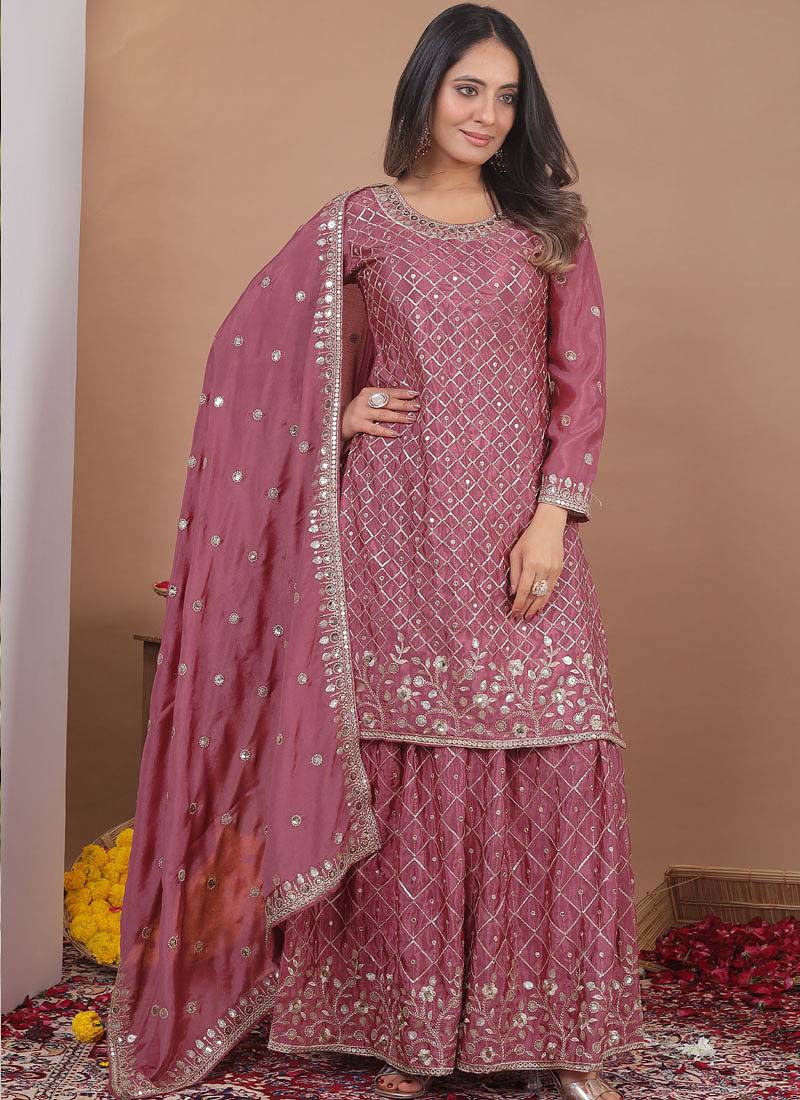 Onion pink chinon silk sequence embroidered sharara suit