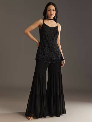 Black Georgette Beads Embroidery Sequence Work Kurta Sharara Dupatta Set 3