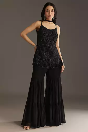 Black Georgette Beads Embroidery Sequence Work Kurta Sharara Dupatta Set