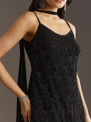 Black Georgette Beads Embroidery Sequence Work Kurta Sharara Dupatta Set 5
