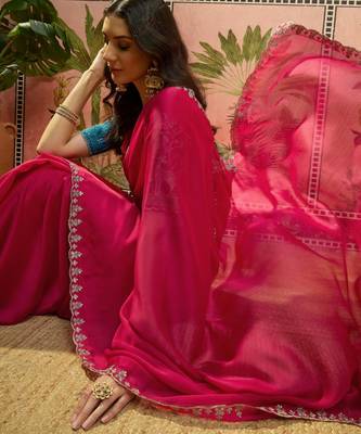 Rani chiffon embeoidered saree with unstitched blouse piece 1