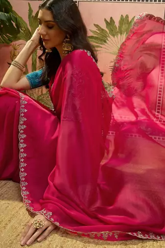 Rani chiffon embeoidered saree with unstitched blouse piece