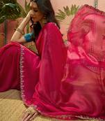 Rani chiffon embeoidered saree with unstitched blouse piece