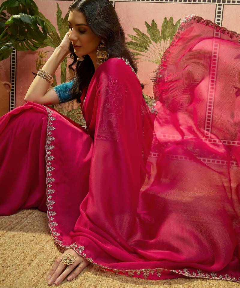 Rani chiffon embeoidered saree with unstitched blouse piece