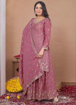 Onion pink chinon silk sequin embroidered sharara suit 2