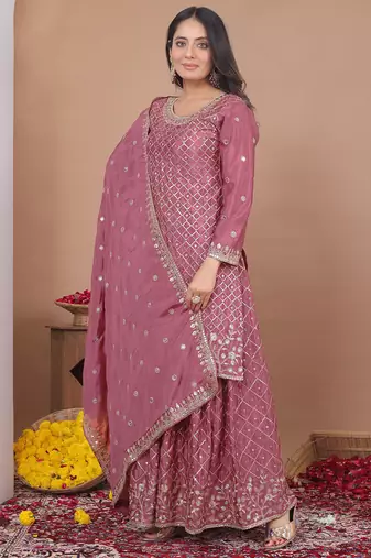Onion pink chinon silk sequin embroidered sharara suit