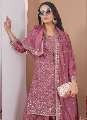Onion pink chinon silk sequin embroidered sharara suit 3