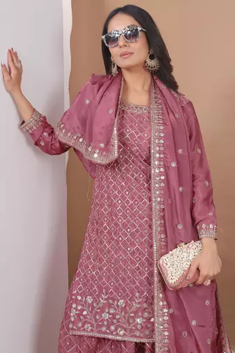 Onion pink chinon silk sequin embroidered sharara suit
