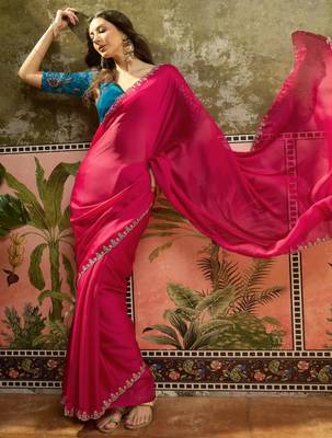 Rani chiffon embeoidered saree with unstitched blouse piece 2