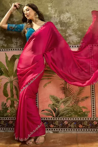 Rani chiffon embeoidered saree with unstitched blouse piece