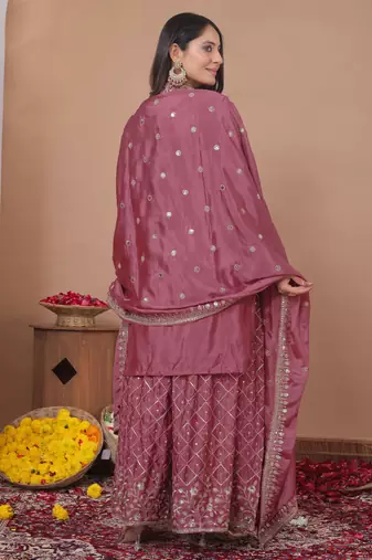 Onion pink chinon silk sequin embroidered sharara suit