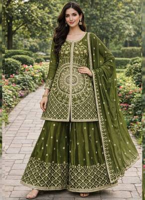 Mehendi chinon silk sequin embroidered sharara suit 1
