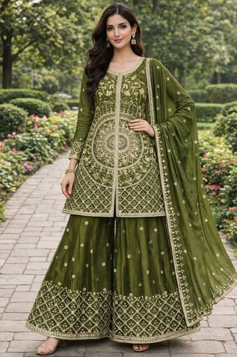Mehendi chinon silk sequence embroidered sharara suit