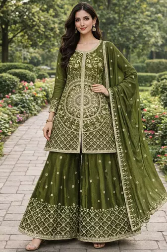 Mehendi chinon silk sequence embroidered sharara suit