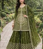 Mehendi chinon silk sequence embroidered sharara suit