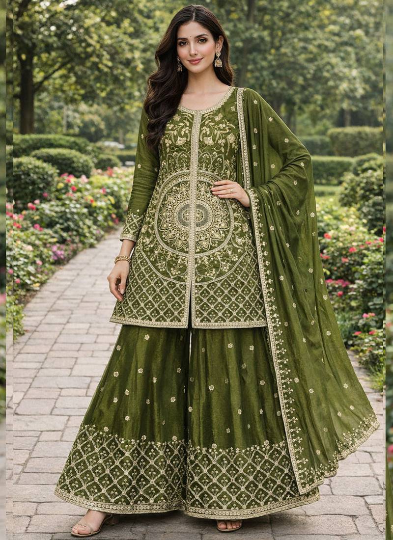 Mehendi chinon silk sequence embroidered sharara suit