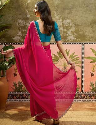 Rani chiffon embeoidered saree with unstitched blouse piece 3