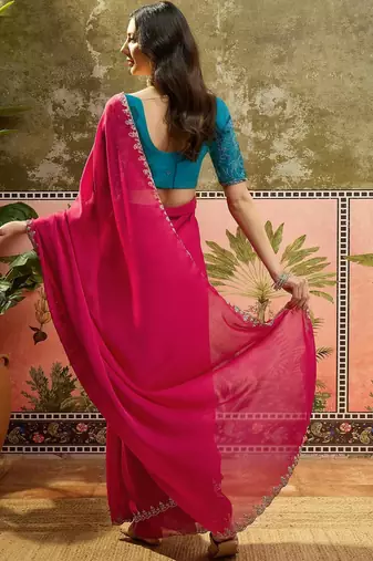 Rani chiffon embeoidered saree with unstitched blouse piece