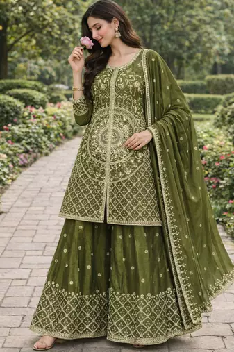 Mehendi chinon silk sequin embroidered sharara suit