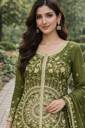 Mehendi chinon silk sequin embroidered sharara suit