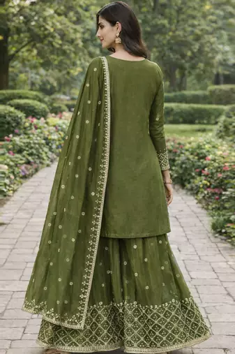 Mehendi chinon silk sequin embroidered sharara suit