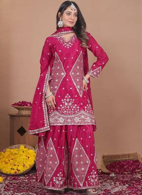 Pink chinon silk sequin embroidered sharara suit 1