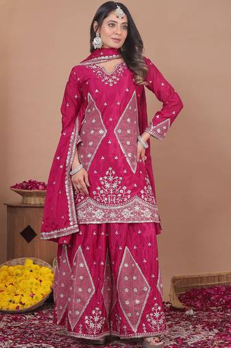 Pink chinon silk sequence embroidered sharara suit