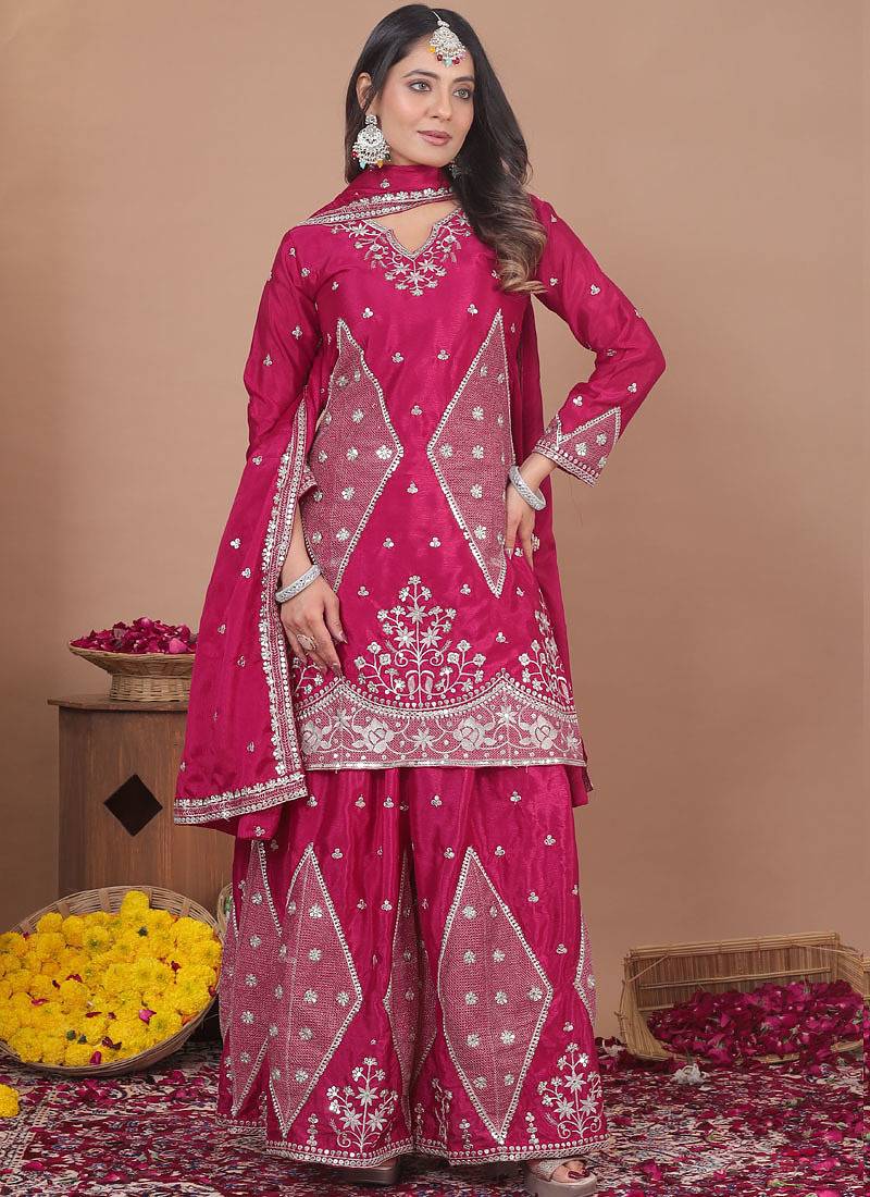 Pink chinon silk sequence embroidered sharara suit