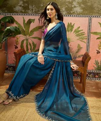 Teal chiffon embeoidered saree with unstitched blouse piece 2