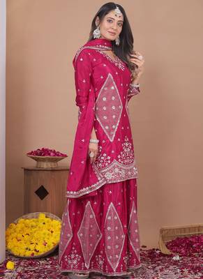 Pink chinon silk sequin embroidered sharara suit 2