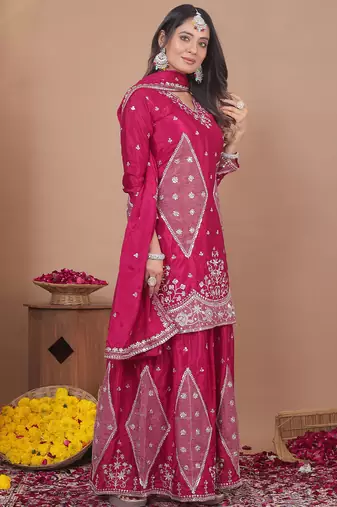 Pink chinon silk sequin embroidered sharara suit