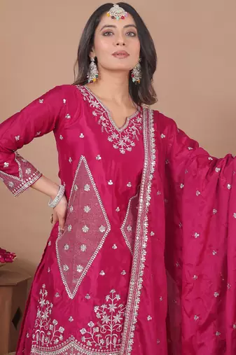 Pink chinon silk sequin embroidered sharara suit